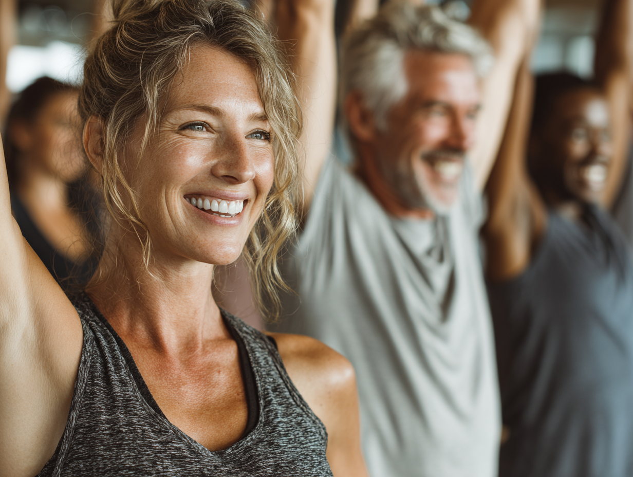 Skupina ľudí rôznych vekových kategórií cvičí s úsmevom