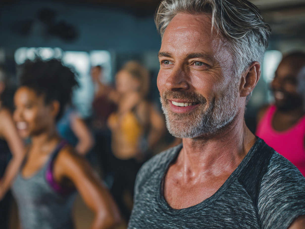 Ľudia rôzneho veku cvičia spolu vo fitness centre